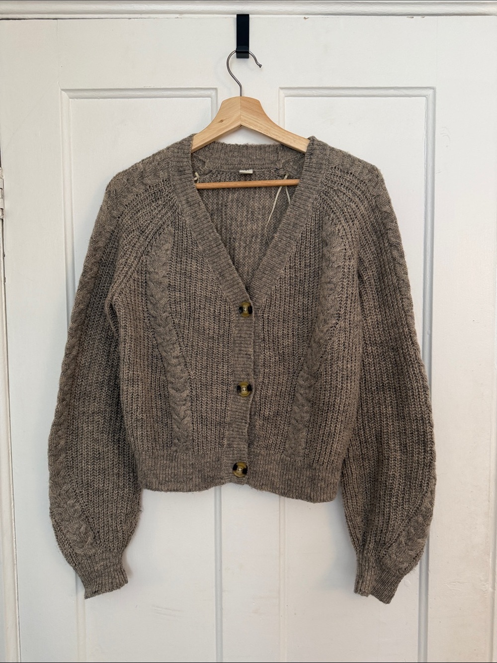 Simons Taupe Chunky Cable V-Neck Cardigan